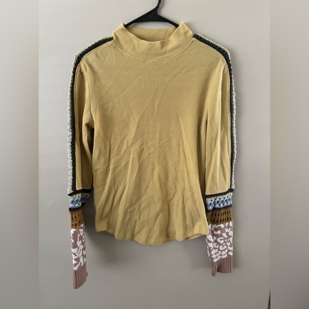 Free People Yellow Knit Blouse with Patterned Sleeves